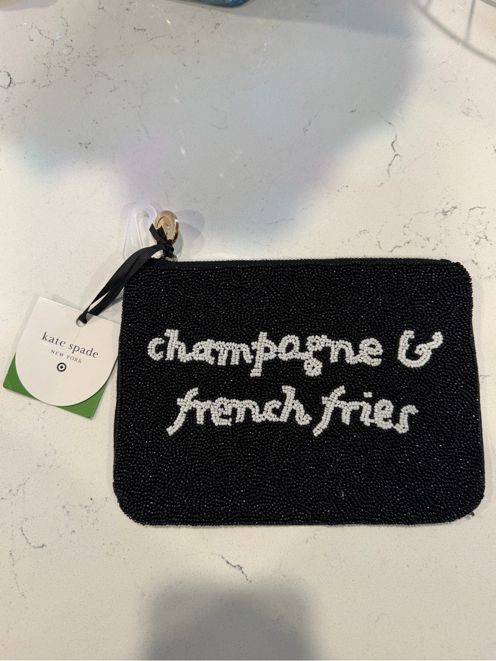 NWT kate spade Black Beaded 'champagne & french fries' Wristlet Pouch